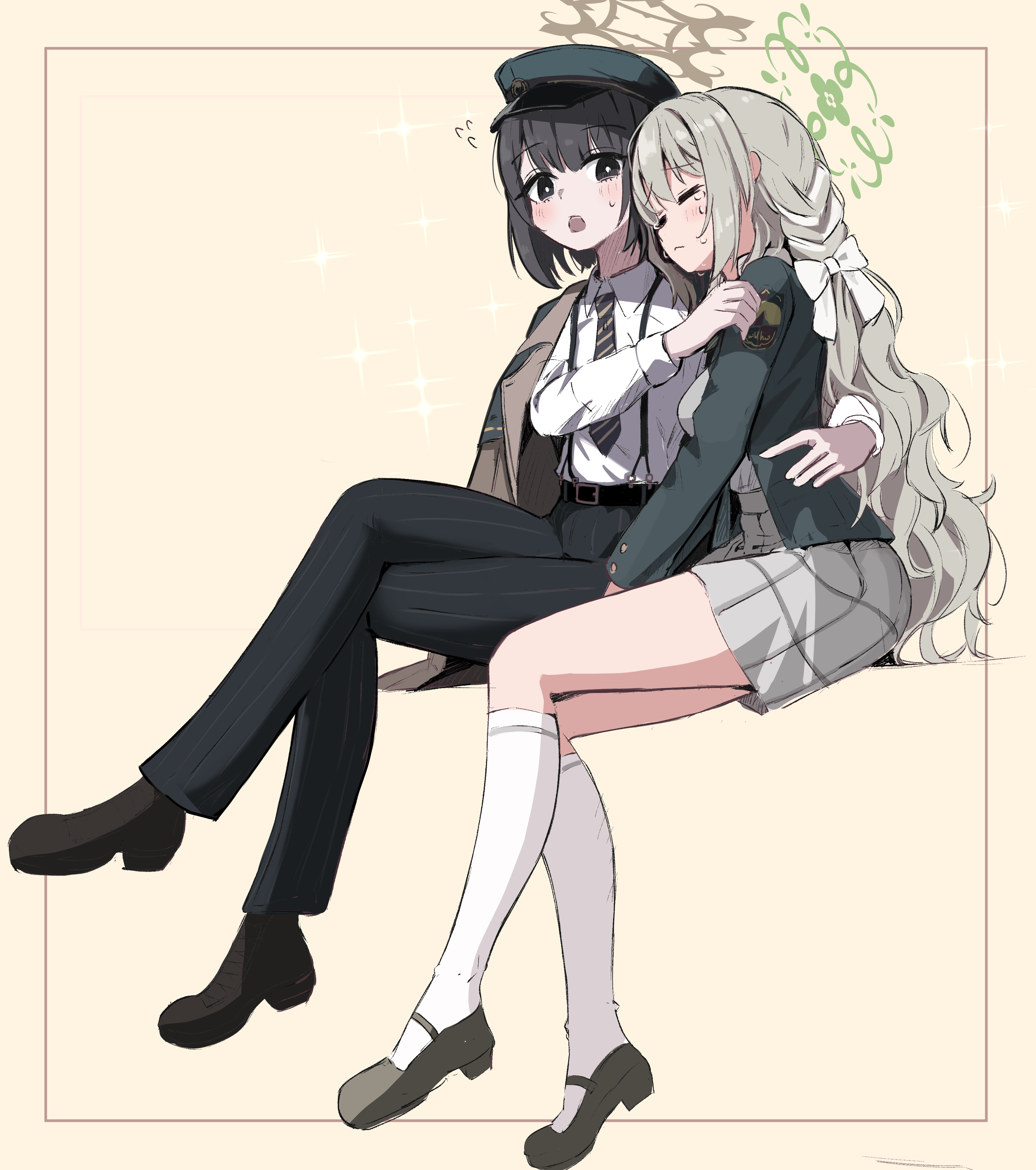 thomason366, hiromi (blue archive), miyo (blue archive), blue archive, absurdres, commentary, highres, 2girls, black eyes, black hair, black pants, black shoes, blush, bow, braid, brown halo, coat, coat on shoulders, collared shirt, crossed legs, crying, diagonal-striped clothes, diagonal-striped necktie, flying sweatdrops, green halo, green hat, green jacket, grey hair, grey skirt, hair bow, hair ribbon, halo, hat, invisible chair, jacket, kneehighs, long hair, long sleeves, multiple girls, necktie, pants, peaked cap, plaid clothes, plaid skirt, ribbon, ribbon braid, shirt, shoes, short hair, sidelocks, sitting, skirt, socks, sparkle, striped clothes, striped pants, suspenders, tears, vertical-striped clothes, vertical-striped pants, wavy hair, white bow, white shirt, white socks