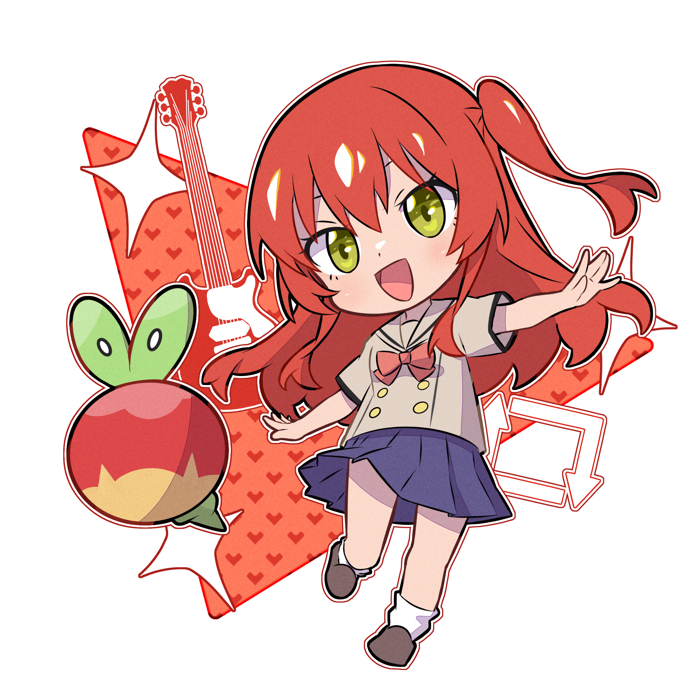 kuxiaopa, applin, kita ikuyo, bocchi the rock!, nintendo, pokemon, commentary request, highres, 1girl, arrow (symbol), blue shirt, bow, brown shoes, chibi, collared shirt, crossover, eyelashes, full body, gen 8 pokemon, green eyes, grey shirt, guitar, heart, instrument, long hair, one side up, open mouth, outline, outstretched arms, pokemon (creature), red bow, red hair, shirt, shoes, short sleeves, simple background, smile, socks, sparkle, spread arms, standing, standing on one leg, white background, white socks