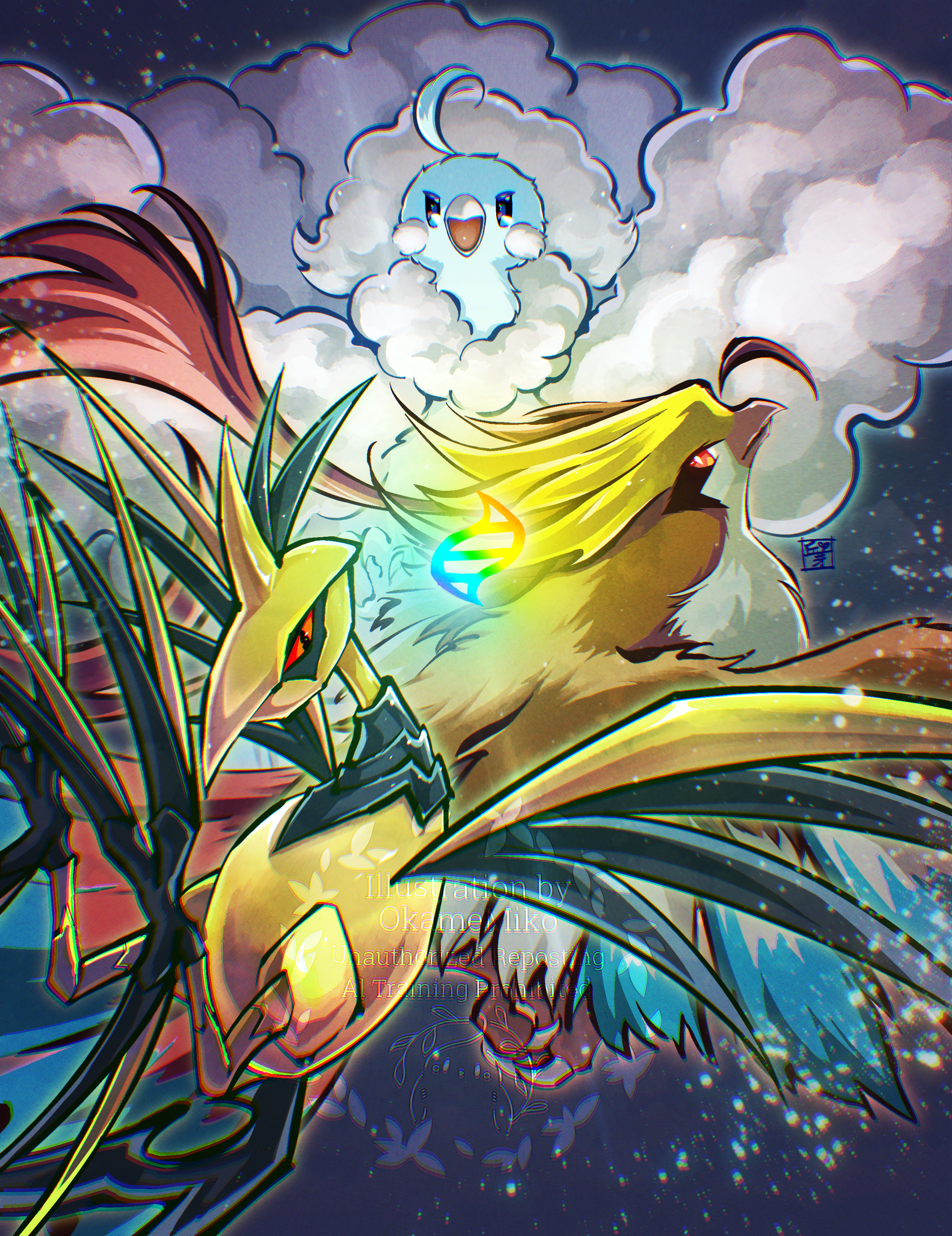 okame miko, altaria, mega altaria, mega pidgeot, mega skarmory, pidgeot, skarmory, nintendo, pokemon, absurdres, commentary request, highres, animal focus, bird, bright pupils, closed mouth, fluffy, gen 1 pokemon, gen 2 pokemon, gen 3 pokemon, gold skin, mega evolution symbol, mega pokemon, metal skin, no humans, open mouth, pokemon (creature), pokemon focus, red eyes, slit pupils, talons, watermark, white pupils