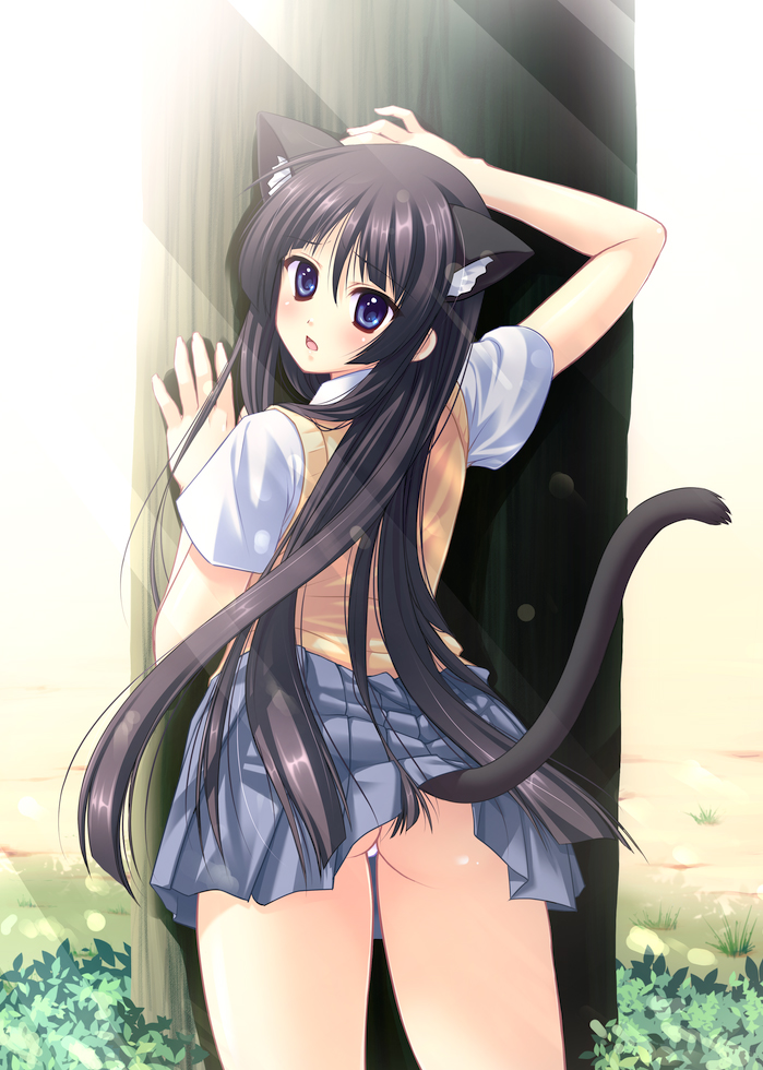 kinosaki yuki, akiyama mio, k-on!, bad id, bad pixiv id, 00s, 1girl, against tree, animal ears, ass, black hair, blue eyes, blunt bangs, blush, cat ears, cat tail, extra ears, female focus, hime cut, lifted by tail, long hair, looking back, panties, pantyshot, pleated skirt, school uniform, skirt, solo, sweater vest, tail, tree, underwear, very long hair, white panties