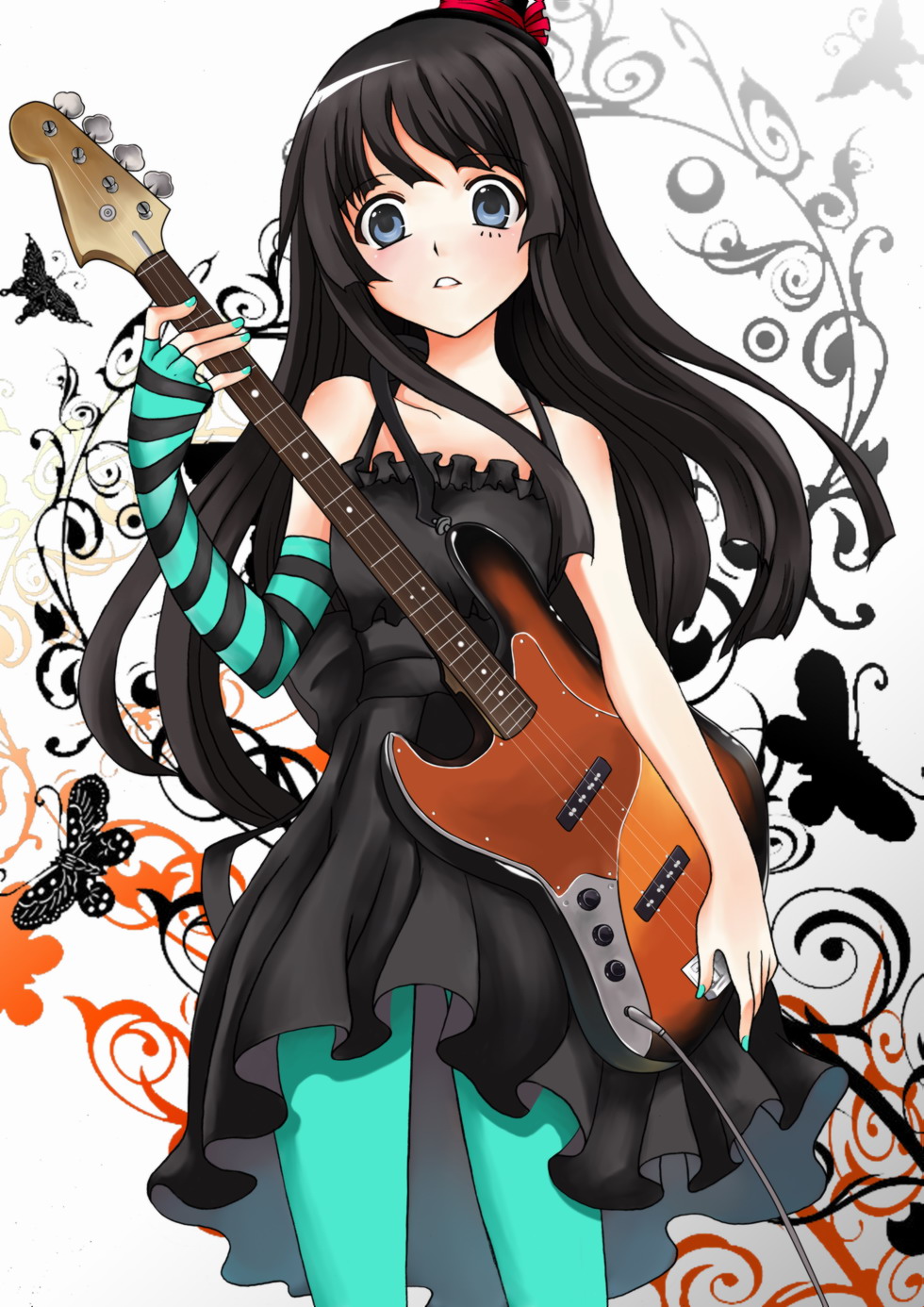 resan, akiyama mio, don't say "lazy", k-on!, striped, highres, 00s, 1girl, aqua nails, aqua pantyhose, asymmetrical clothes, bass guitar, black hair, blue eyes, blue pantyhose, blunt bangs, dress, elbow gloves, facepaint, female focus, fingerless gloves, gloves, hat, hime cut, instrument, long hair, mini hat, mini top hat, nail polish, pantyhose, plectrum, single glove, solo, top hat