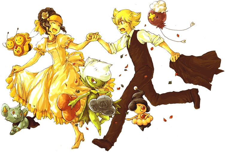 keko (corona), keko (pixiv), barry (pokemon), combee, dawn (pokemon), drifloon, mime jr., roserade, shinx, nintendo, pokemon, pokemon dppt, 00s, 1boy, 1girl, blonde hair, closed eyes, confetti, dress, formal clothes, gen 4 pokemon, necktie, open mouth, petals, pokemon (creature), running, suit