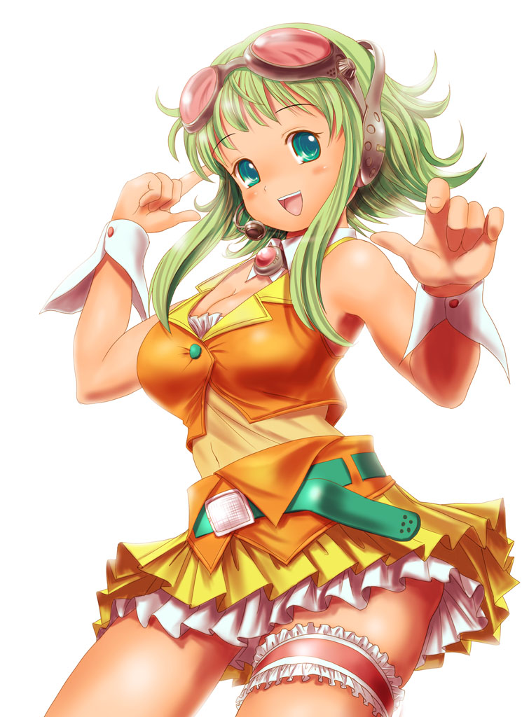 gox, moriichi, gumi, vocaloid, 1girl, breasts, female focus, frilled thigh strap, goggles, green eyes, green hair, headphones, headset, matching hair/eyes, solo, thigh strap, white background