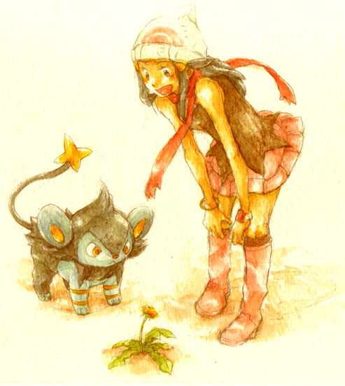 keko (corona), keko (pixiv), dawn (pokemon), luxio, nintendo, pokemon, bad id, bad pixiv id, traditional media, 1girl, boots, dandelion, flower, gen 4 pokemon, hat, pink boots, pokemon (creature)
