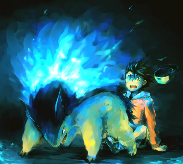 keko (corona), keko (pixiv), ethan (pokemon), typhlosion, nintendo, pokemon, pokemon gsc, 1990s (style), 1boy, blue fire, dark, fire, gen 2 pokemon, hat, male focus, pokemon (creature), retro artstyle, sitting, spiked hair, surprised, unworn hat, unworn headwear, v-shaped eyebrows