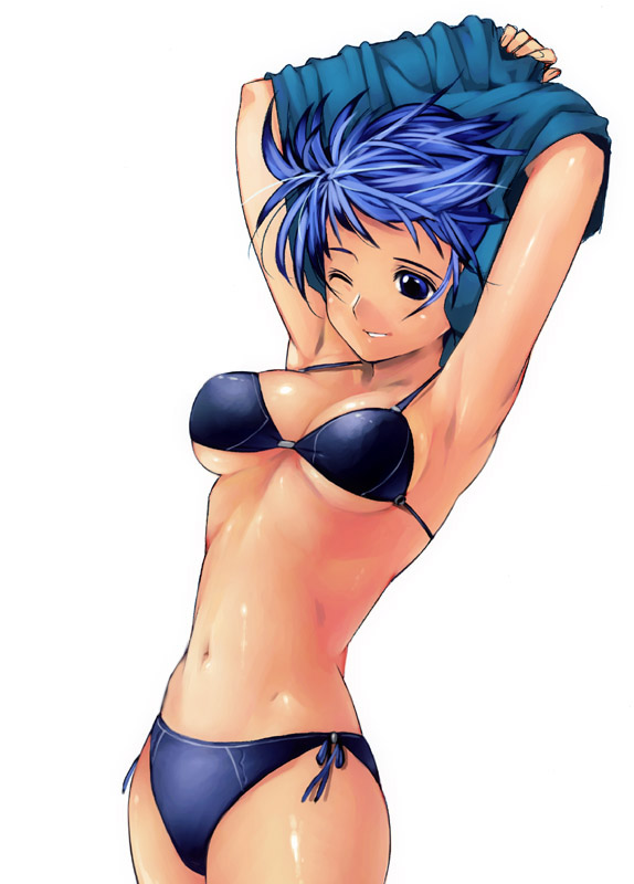 satou toshiyuki, armpits, bikini, black bikini, blue eyes, blue hair, breasts, one eye closed, short hair, simple background, swimsuit, underboob, undressing, wink