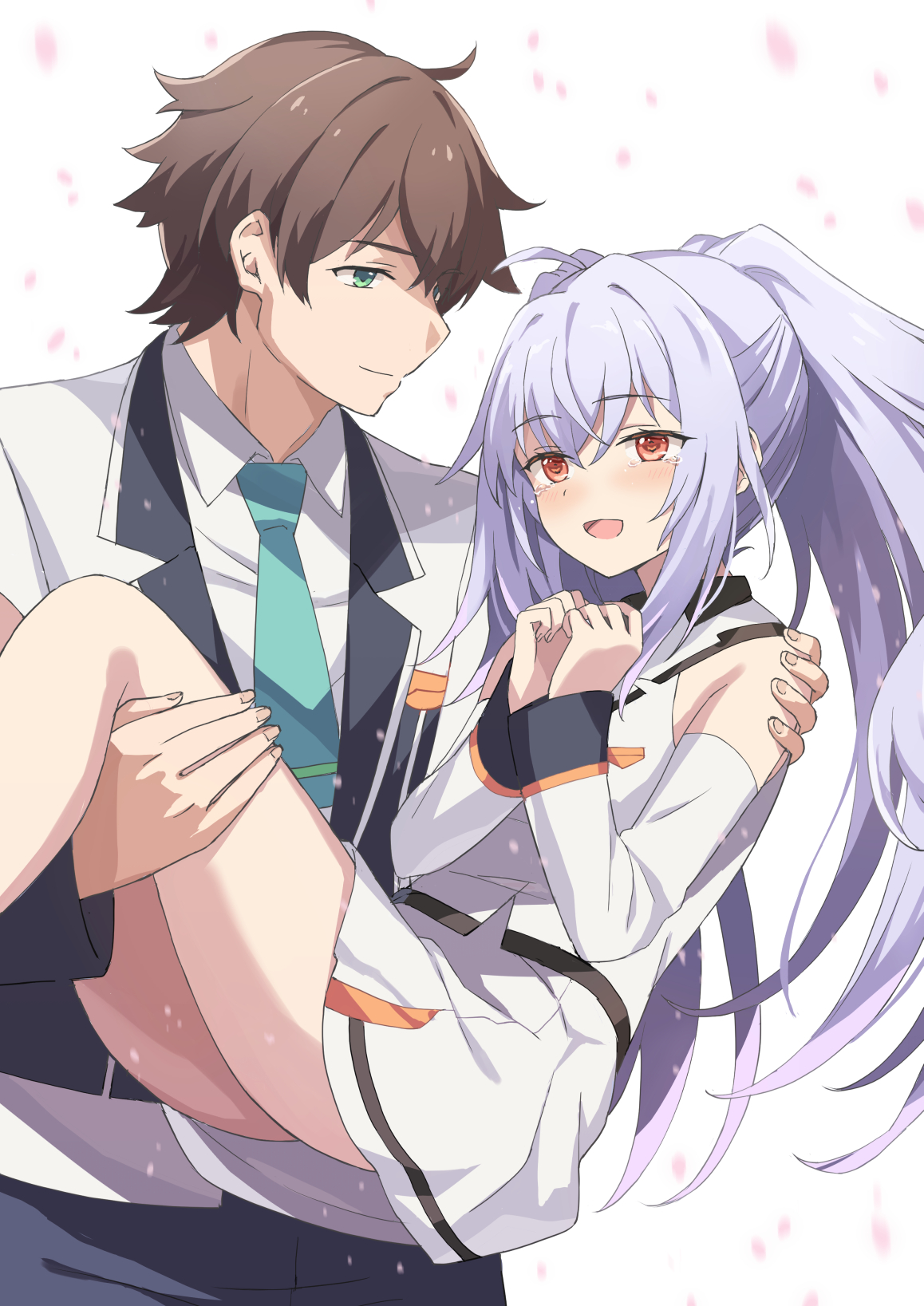 rasahan, isla (plastic memories), mizugaki tsukasa, plastic memories, commentary request, highres, 1boy, 1girl, aqua necktie, brown hair, carrying, closed mouth, detached sleeves, green eyes, grey jacket, hetero, jacket, long hair, necktie, open mouth, orange eyes, ponytail, princess carry, purple hair, shirt, short hair, skirt, smile, white background, white shirt, white skirt, white sleeves