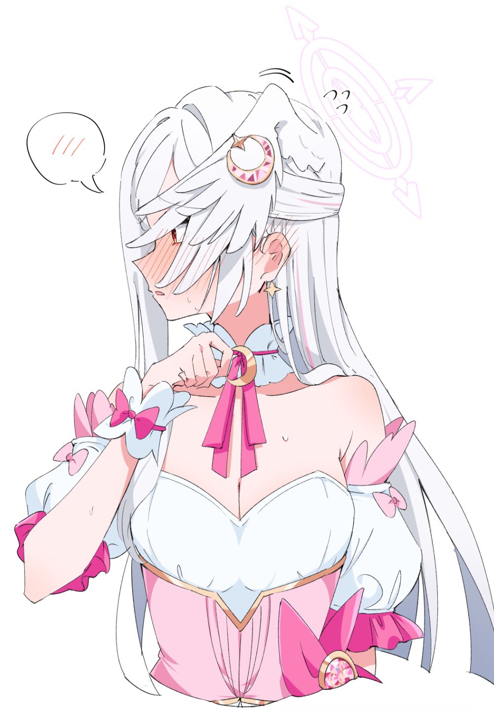 kituneginoe, suzumi (blue archive), suzumi (magical) (blue archive), blue archive, highres, 1girl, bare shoulders, blush, breasts, bustier, cleavage, corset, crescent, crescent hair ornament, detached sleeves, flying sweatdrops, full-face blush, hair ornament, halo, hand up, head wings, long hair, looking at viewer, looking to the side, magical girl, medium breasts, official alternate costume, pink corset, pink halo, red eyes, single head wing, small sweatdrop, solo, turning head, upper body, white background, white hair, wings, wrist cuffs