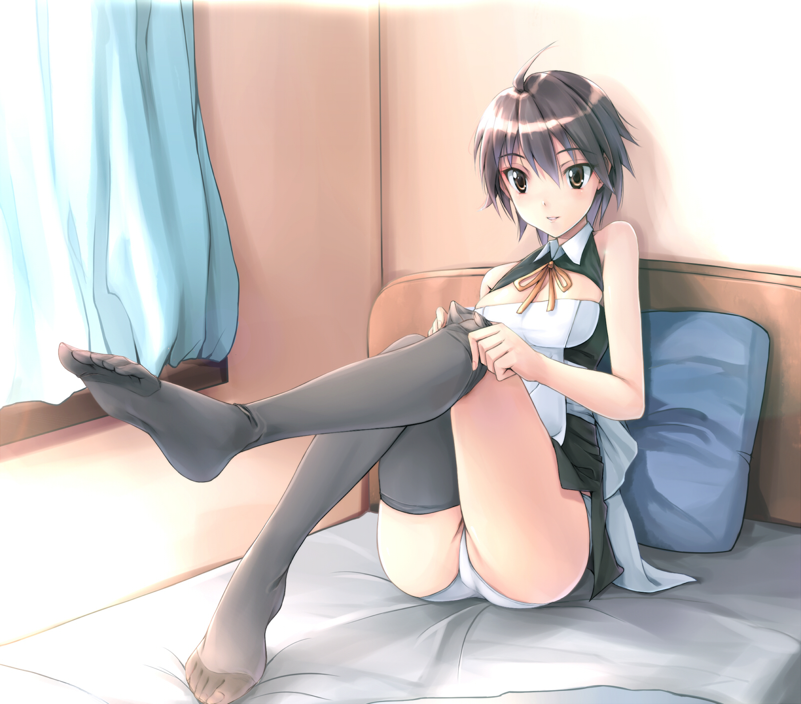 yuki usagi (mofurafu), nao (dream c club), dream c club, dream c club (series), bad id, bad pixiv id, highres, 1girl, ahoge, ass, bed, brown eyes, brown hair, feet, female focus, foot focus, legs, long legs, no shoes, panties, short hair, sock pull, solo, thighhighs, toes, underwear, white panties