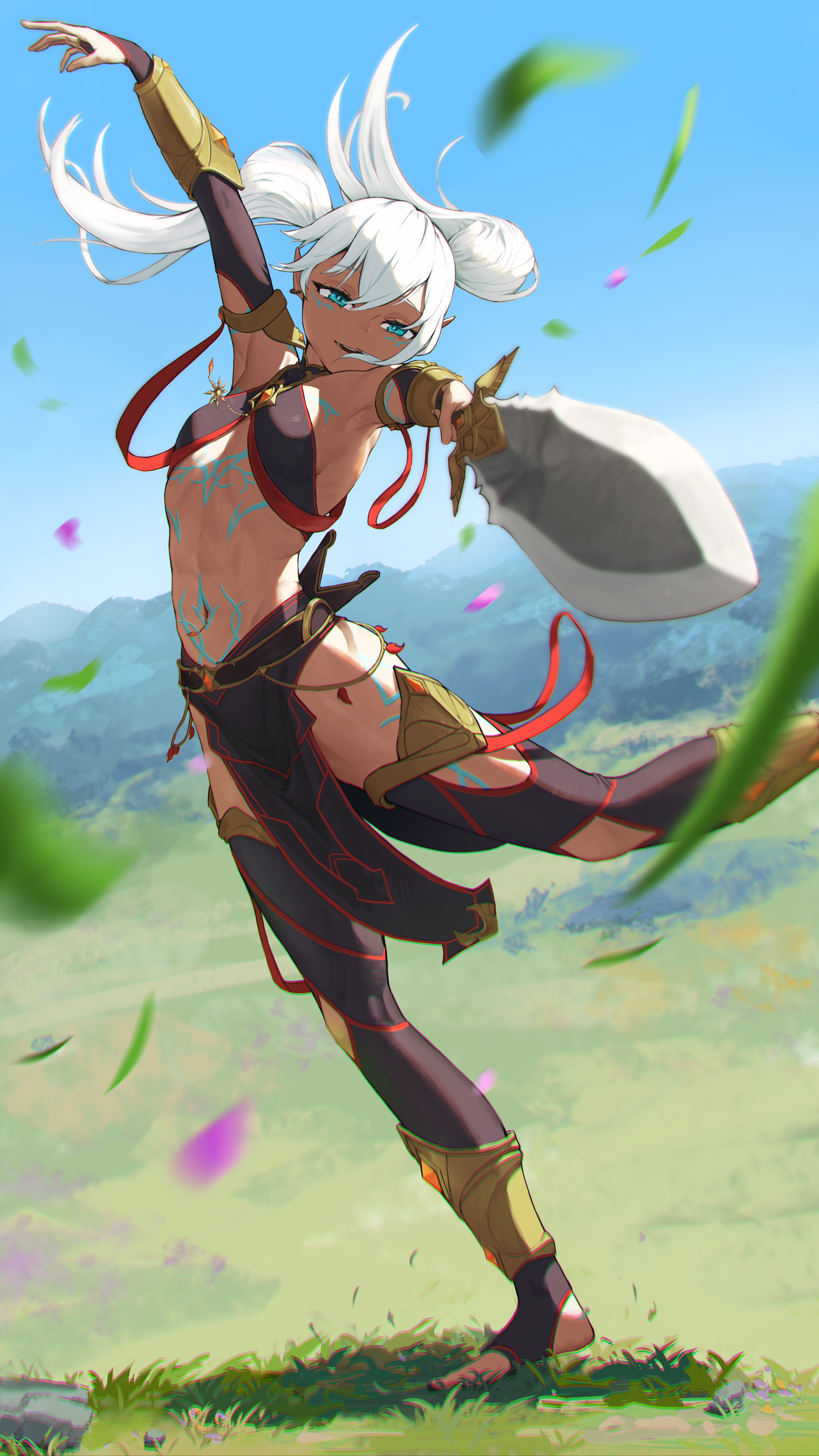 lettanya, les chevaucheurs, absurdres, artist request, highres, 1girl, armpits, bare shoulders, barefoot, black thighhighs, breasts, dancer, dark skin, elf, grass, holding, holding sword, holding weapon, long hair, looking at viewer, navel, navel piercing, open mouth, pelvic curtain, piercing, pointy ears, scenery, sky, small breasts, solo, standing, standing on one leg, stirrup legwear, stomach, sword, tan, thighhighs, toeless legwear, weapon, white hair