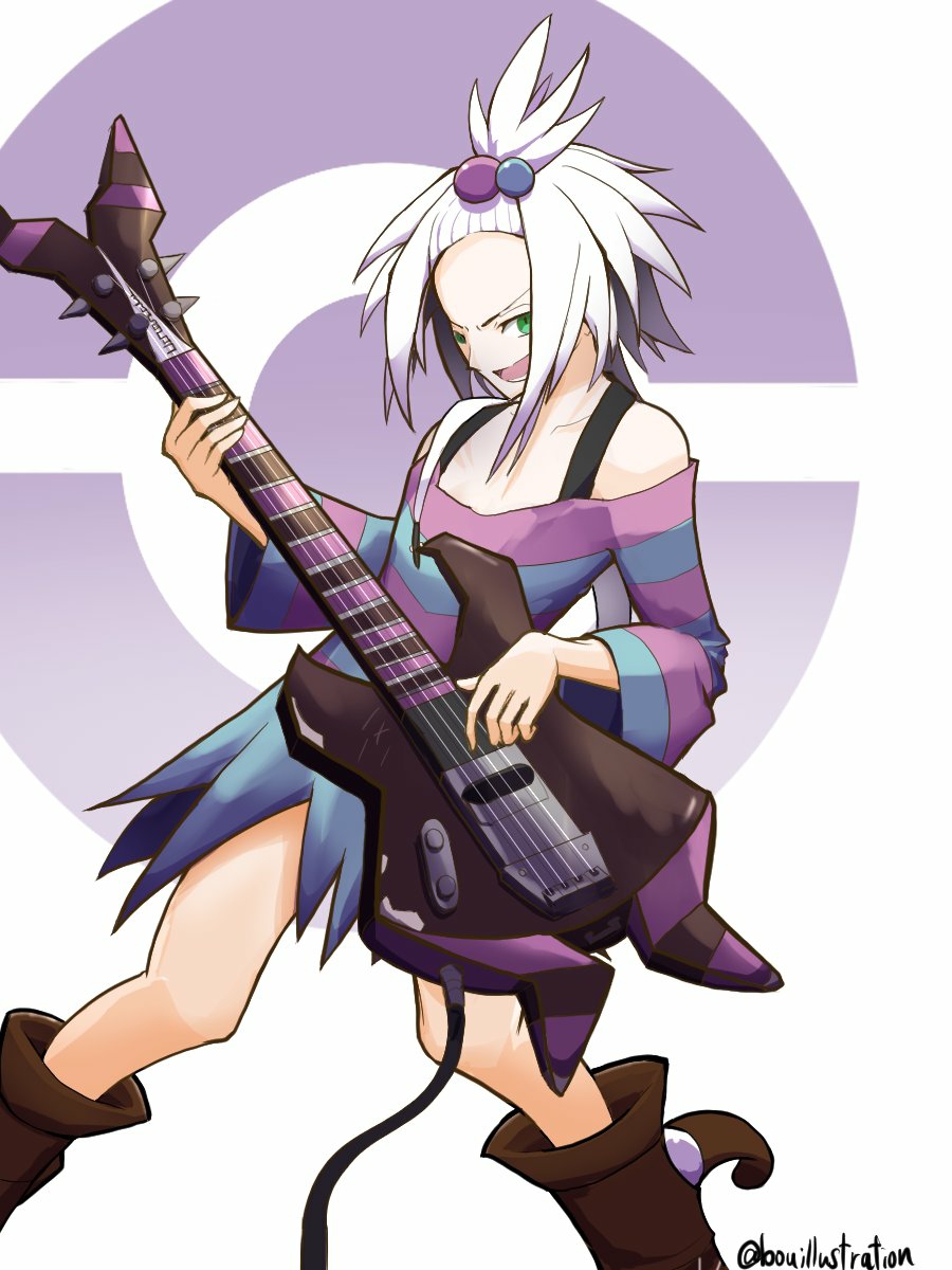 bo (bouillustration), koffing, roxie (pokemon), nintendo, pokemon, pokemon bw2, commentary request, highres, 1girl, bare shoulders, bass guitar, black boots, boots, cable, collarbone, dress, forehead, gen 1 pokemon, green eyes, hair bobbles, hair ornament, holding, holding bass guitar, holding instrument, instrument, long sleeves, music, open mouth, playing bass guitar, playing instrument, poke ball symbol, short hair, simple background, smile, solo, striped clothes, striped dress, teeth, topknot, twitter username, two-tone dress, v-shaped eyebrows, white background, white hair