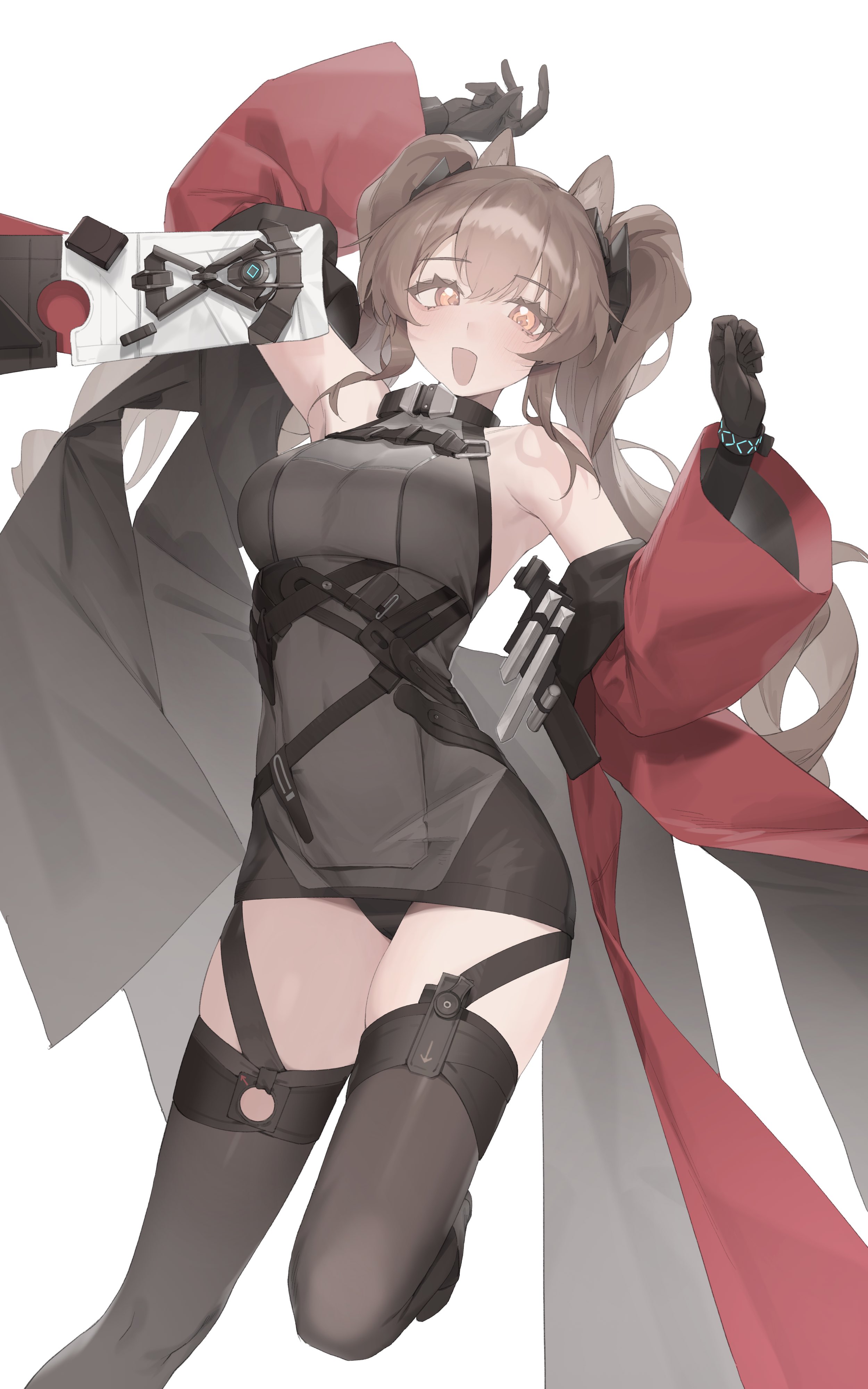 kuroshiro ti, angelina (arknights), gilberta (arknights), infection monitor (arknights), arknights, arknights: endfield, absurdres, highres, 1girl, animal ears, black dress, black panties, black thighhighs, blush, breasts, brown hair, coat, dress, hair between eyes, leg up, long hair, long sleeves, looking at viewer, open clothes, open coat, open mouth, orange eyes, panties, red coat, sidelocks, simple background, sleeveless, sleeveless dress, solo, thighhighs, underwear, very long hair, white background