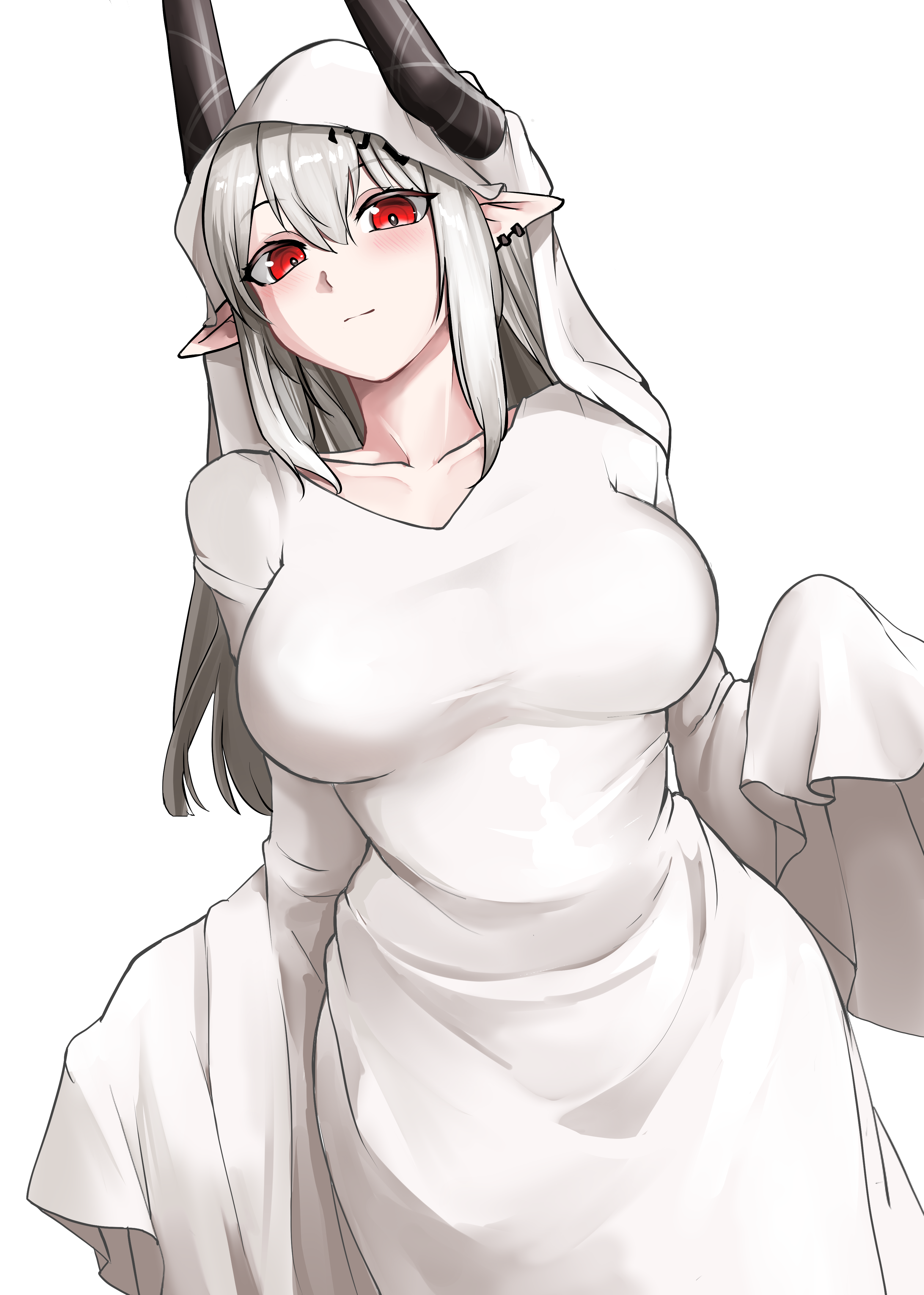 neti (cpu11151), mudrock (arknights), arknights, absurdres, chinese commentary, commentary request, highres, 1girl, alternate costume, black horns, blush, breasts, closed mouth, collarbone, cowboy shot, dress, ghost costume, grey hair, hair between eyes, halloween, hood, hood up, horns, horns through hood, large breasts, light smile, long hair, looking at viewer, pointy ears, red eyes, simple background, sleeves past fingers, sleeves past wrists, solo, standing, white background, white dress, white hood