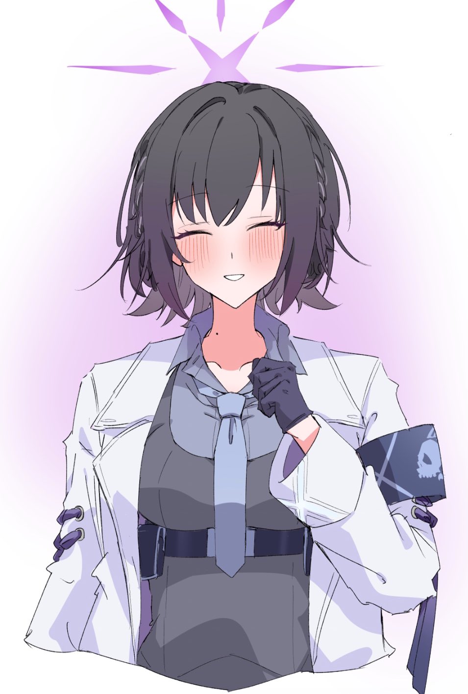 kituneginoe, subaru (blue archive), blue archive, highres, 1girl, armband, black hair, blush, braid, coat, collared shirt, gloves, grey shirt, grin, halo, jacket, necktie, purple halo, shirt, short hair, smile, solo, upper body, white coat, white jacket