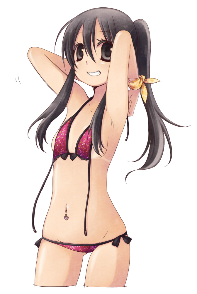 toriumi itachi, original, untied, bad id, bad pixiv id, 1girl, arms behind head, arms up, bikini, bikini tan, black eyes, black hair, cowboy shot, cropped legs, female focus, flat chest, grin, groin, long hair, looking at viewer, lowleg, lowleg bikini, navel, navel piercing, piercing, ponytail, sidelocks, simple background, smile, solo, swimsuit, tan, tanline, white background