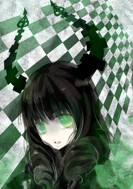ushi (newrein), dead master, black rock shooter, bad id, bad pixiv id, 10s, 1girl, black hair, curly hair, female focus, green eyes, horns, long hair, solo