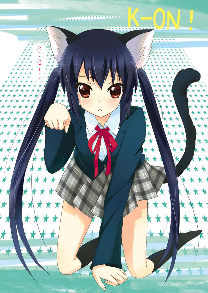 ameto yuki, nakano azusa, k-on!, bad id, bad pixiv id, 00s, 1girl, :<, all fours, animal ears, black hair, blazer, brown eyes, cat ears, cat girl, cat tail, female focus, full body, jacket, kneehighs, long hair, neck ribbon, nyan, paw pose, plaid clothes, plaid skirt, red ribbon, ribbon, school uniform, skirt, socks, solo, tail, twintails