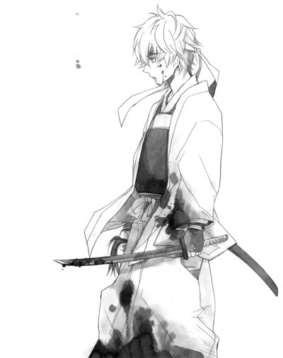 sakata gintoki, gintama, 00s, 1boy, armor, blood, greyscale, headband, joui, male focus, monochrome, solo, sword, weapon, white background, white hair, white theme