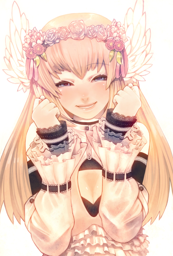 kotetu, tsurusaki yuu, original, blush, brown hair, flower, frills, head wings, long hair, rose, smile, solo, wings
