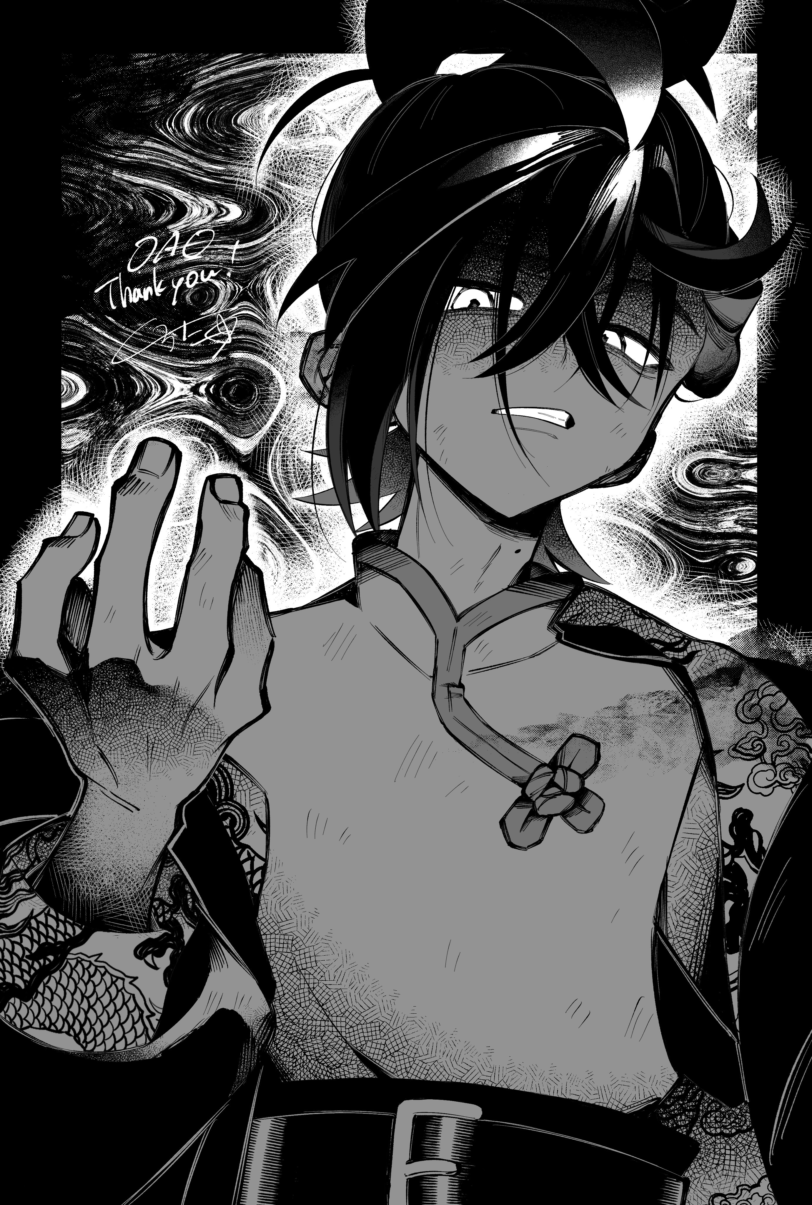 hei tai (kyaputen1), kieran (pokemon), nintendo, pokemon, pokemon sv, absurdres, commentary request, highres, 1boy, alternate costume, alternate hairstyle, chinese clothes, clenched teeth, crossed bangs, dragon print, greyscale, hair between eyes, looking at viewer, male focus, mole, mole on neck, monochrome, solo, teeth, upper body