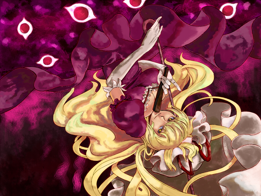 shibasaki shouji, yakumo yukari, touhou, 1girl, blonde hair, breasts, dress, elbow gloves, female focus, gap (touhou), gloves, hand fan, hat, large breasts, long hair, pinky out, solo, umbrella, upside-down