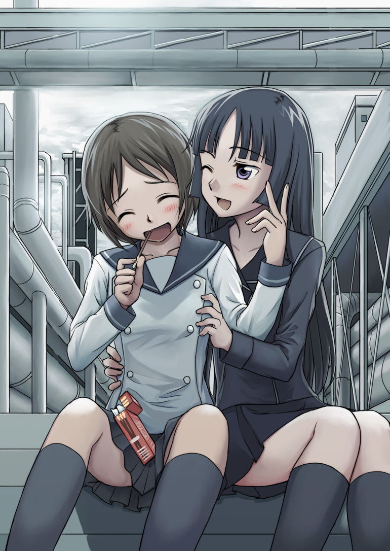 niina ryou, isayama yomi, tsuchimiya kagura, ga-rei, ga-rei zero, bad id, bad pixiv id, 00s, 2girls, black hair, black serafuku, blunt bangs, blush, brown hair, food, hime cut, kneehighs, laughing, long hair, multiple girls, one eye closed, open mouth, pocky, purple eyes, school uniform, serafuku, short hair, skirt, smile, socks, tickling, tickling sides