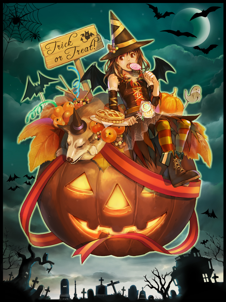 hage2013, bad id, bad pixiv id, 1girl, apple, bat (animal), bat wings, brown eyes, brown hair, bug, candy, dog, female focus, food, fruit, graveyard, halloween, hat, jack-o'-lantern, long hair, moon, night, pie, pumpkin, solo, spider, tree, trick or treat, wings, witch, witch hat
