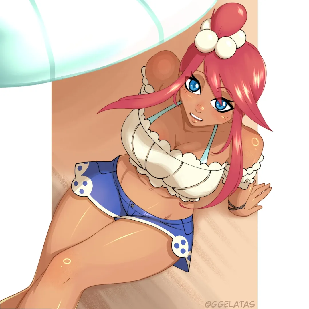 ggelatas, skyla (pokemon), skyla (summer 2025) (pokemon), nintendo, pokemon, pokemon bw, pokemon masters ex, 1girl, bare shoulders, blue eyes, breasts, cleavage, crop top, dark-skinned female, dark skin, detached sleeves, from above, large breasts, shorts, sitting, teeth, upper teeth only