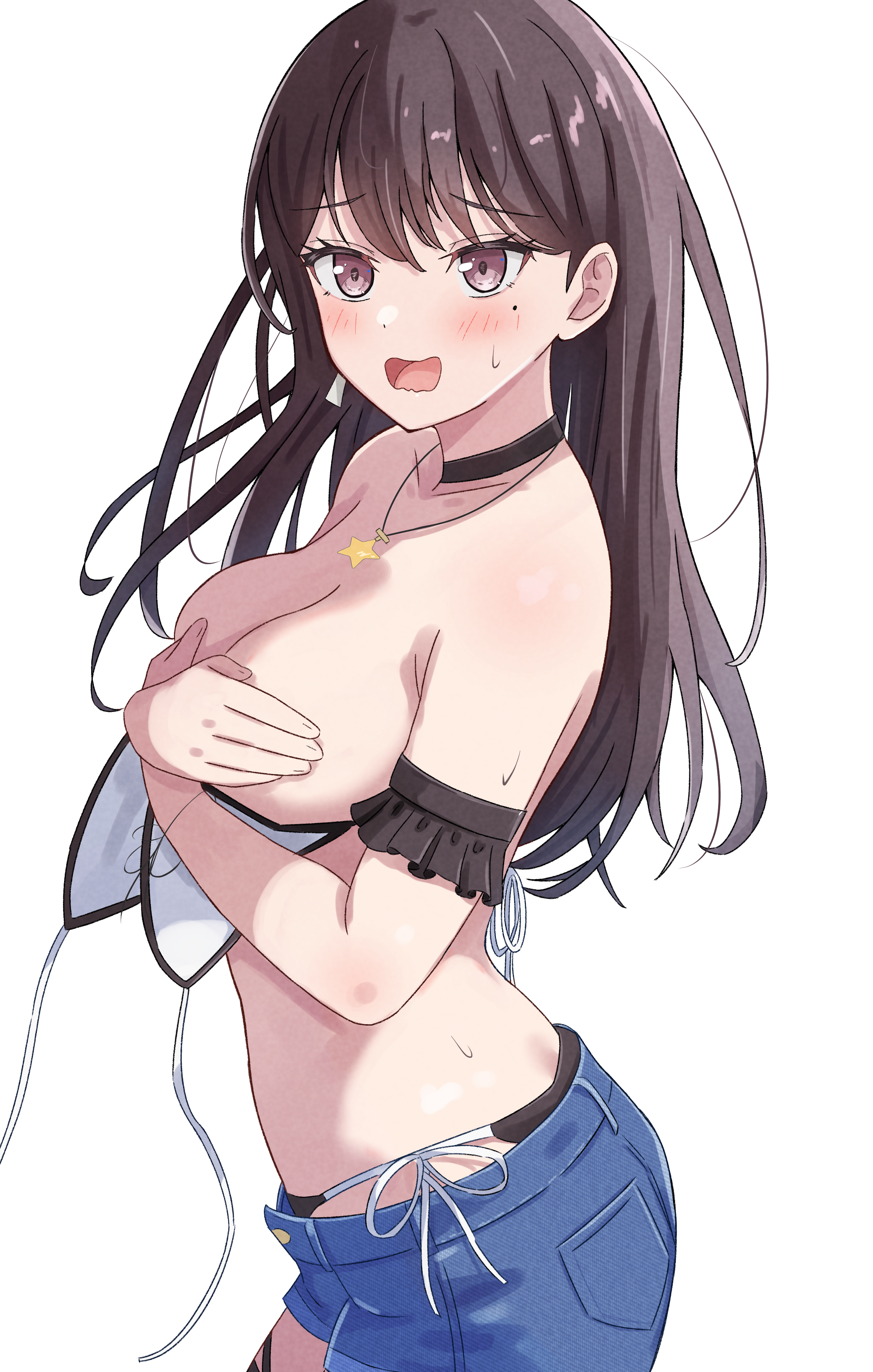azakura (beniyomogi), shiina taki, bang dream!, bang dream! it's mygo!!!!!, absurdres, commentary request, commission, highres, pixiv commission, !?, 1girl, bikini, bikini bottom under shorts, bikini under clothes, black hair, blue shorts, blush, breasts, covering breasts, covering privates, dress, large breasts, long hair, mole, open mouth, purple eyes, shorts, simple background, solo, sweatdrop, swimsuit, wardrobe malfunction, white background