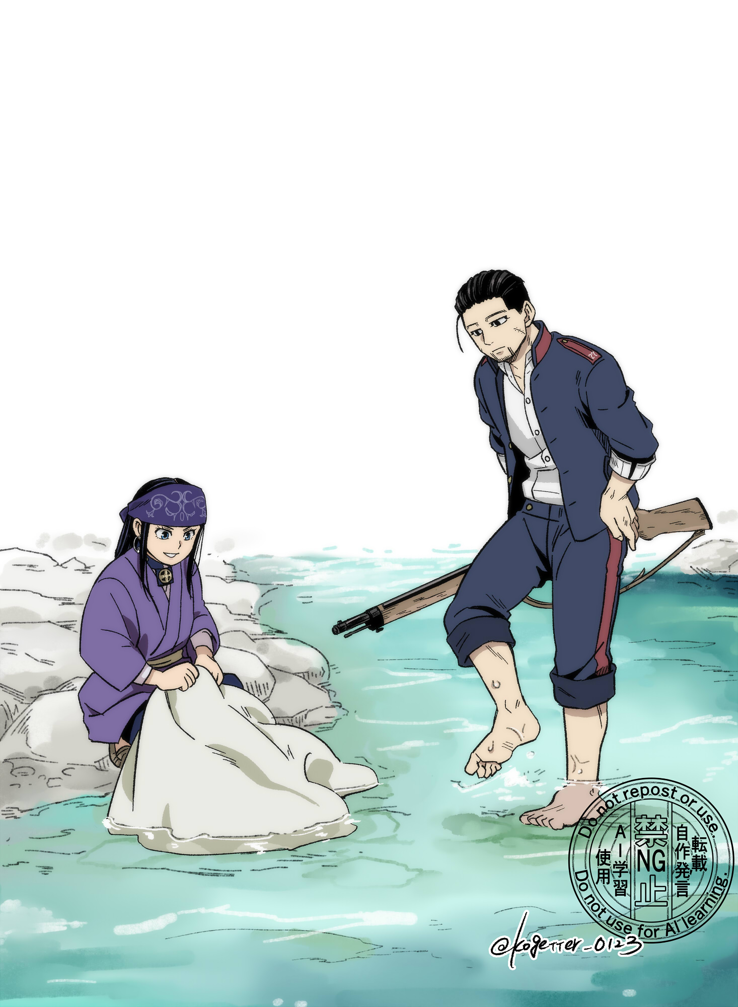 moonlight 0423, asirpa, ogata hyakunosuke, golden kamuy, commentary request, highres, 1boy, 1girl, ainu clothes, barefoot, black eyes, black hair, blue eyes, blue headband, earrings, facial hair, facial scar, goatee, gun, hair slicked back, headband, holding, holding gun, holding weapon, hoop earrings, jacket, jewelry, military uniform, open clothes, open jacket, pants, pants rolled up, rifle, river, scar, scar on cheek, scar on face, sidelocks, sleeves rolled up, soaking feet, squatting, washing clothes, watermark, weapon