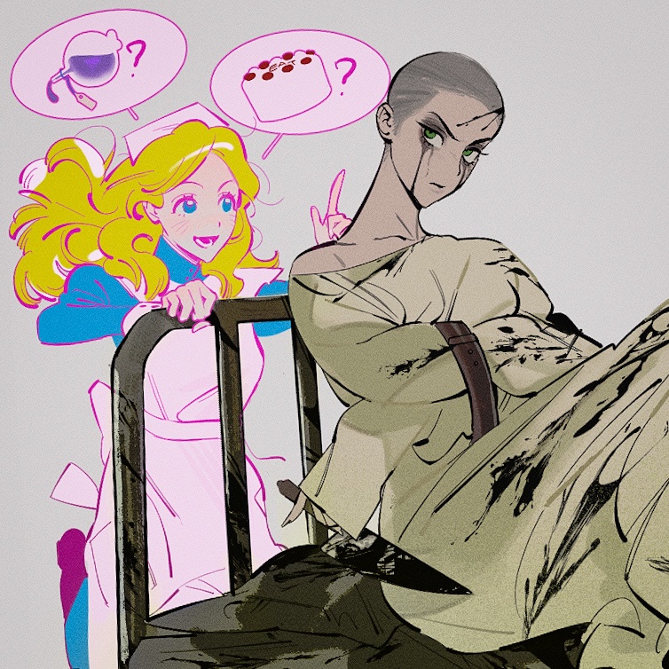 pankepen, alice liddell (american mcgee's alice), american mcgee's alice, commentary, english commentary, 2girls, ?, alice (disney), alice in wonderland (disney), alternate costume, apron, aqua dress, aqua eyes, blonde hair, bottle, cake, closed mouth, colored lineart, crossover, dress, drink me potion, eyelashes, food, green eyes, grey background, hat, knife, long hair, lower teeth only, multiple girls, nurse cap, official alternate hair length, official alternate hairstyle, open mouth, potion, restrained, shaved head, short hair, simple background, smile, speech bubble, straitjacket, teeth, very short hair, white apron, white hat