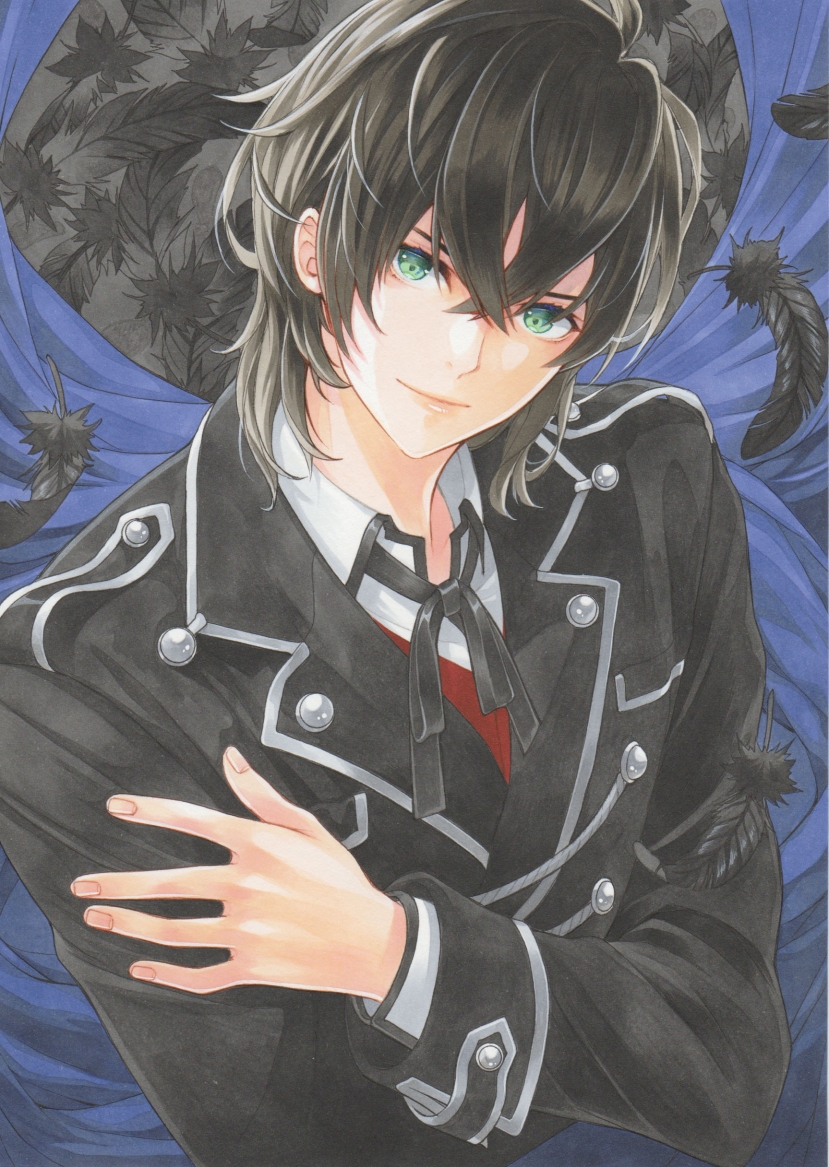 meeya, original, commentary request, marker (medium), traditional media, 1boy, black hair, black jacket, black ribbon, closed mouth, crossed bangs, feathers, green eyes, hair between eyes, jacket, layered sleeves, long bangs, long sleeves, looking at viewer, male focus, neck ribbon, ribbon, shirt, short hair, smile, upper body, white shirt