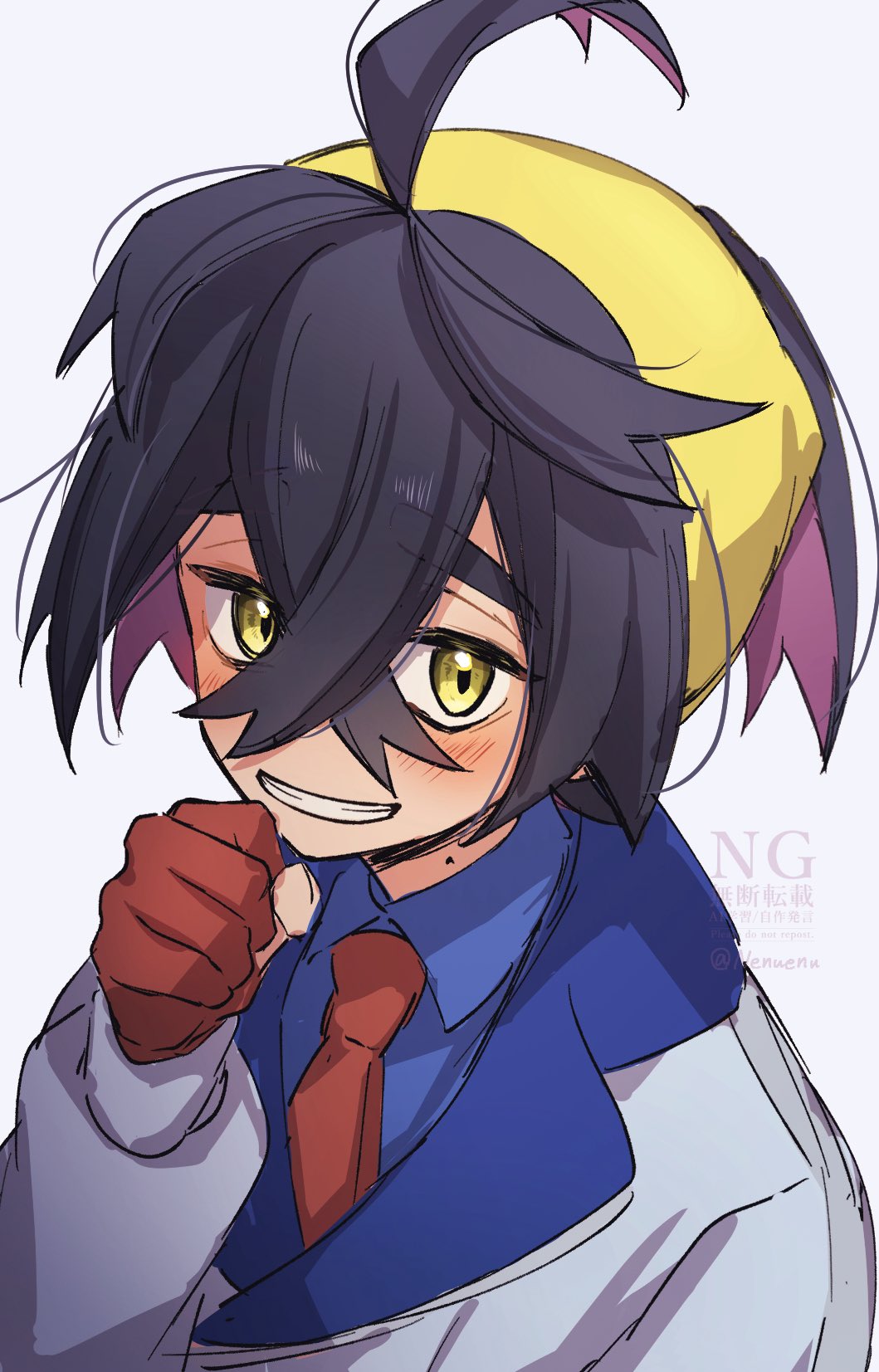 enudesuga, kieran (pokemon), nintendo, pokemon, pokemon sv, commentary, highres, 1boy, blue shirt, blush, collared shirt, crossed bangs, gloves, grey background, hair between eyes, hairband, jacket, long sleeves, looking at viewer, male focus, mole, mole on neck, multicolored hair, partially fingerless gloves, red gloves, shirt, simple background, solo, upper body, white jacket, yellow eyes, yellow hairband