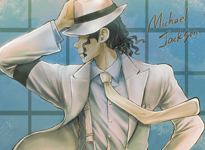 mm-mb, michael jackson, real life, smooth criminal, 1boy, animification, armband, black hair, buttons, fedora, formal clothes, hand on headwear, hat, male focus, necktie, no eyes, serious, solo, square-end necktie, suit, suspenders, wing collar