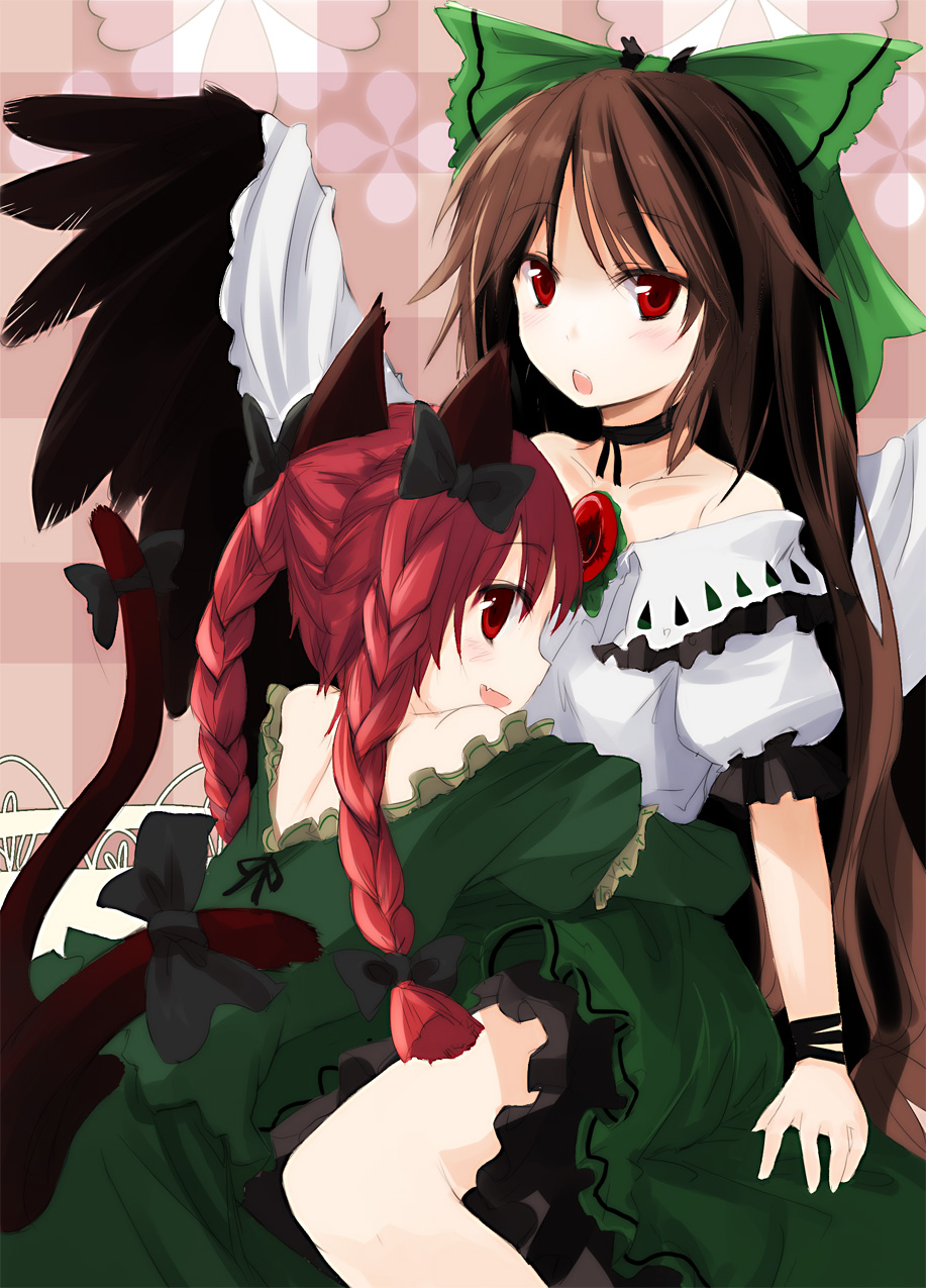 gotyou, kaenbyou rin, reiuji utsuho, touhou, bad id, bad pixiv id, highres, 2girls, animal ears, bare shoulders, braid, brown hair, cat ears, cat girl, cat tail, female focus, hug, multiple girls, multiple tails, red eyes, red hair, tail, twin braids, yuri