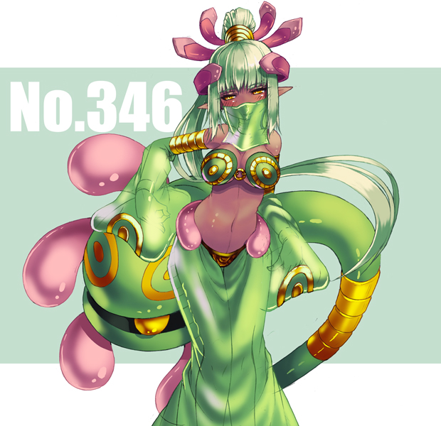 kenkou cross, cradily, moemon, nintendo, pokemon, bad id, bad pixiv id, 1girl, costume, creature and personification, dark-skinned female, dark skin, gen 3 pokemon, midriff, navel, personification, pointy ears, pokedex number, pokemon (creature), veil