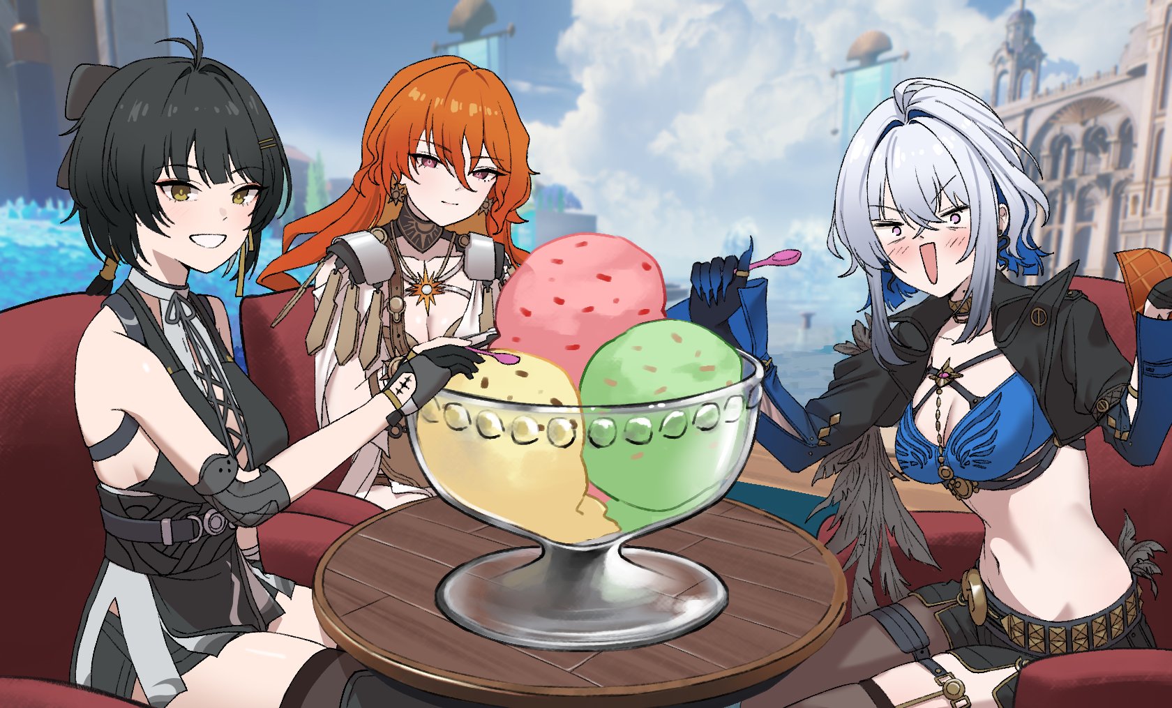 gamcha, augusta (wuthering waves), female rover (wuthering waves), galbrena (wuthering waves), rover (wuthering waves), wuthering waves, commentary request, highres, korean commentary, 3girls, bare shoulders, black bow, black gloves, black hair, black jacket, black pantyhose, black shorts, black thighhighs, blue bra, blue hair, bow, bra, breasts, cleavage, colored inner hair, cropped jacket, earrings, elbow pads, food, game screenshot background, gloves, grey hair, grin, hair between eyes, hair bow, ice cream, jacket, jewelry, looking at viewer, medium breasts, multicolored hair, multiple girls, navel, open mouth, orange hair, pantyhose, red eyes, screenshot background, shorts, single leg pantyhose, single thighhigh, smile, stomach, sun earrings, tacet mark (wuthering waves), thighhighs, thighs, underwear, yellow eyes