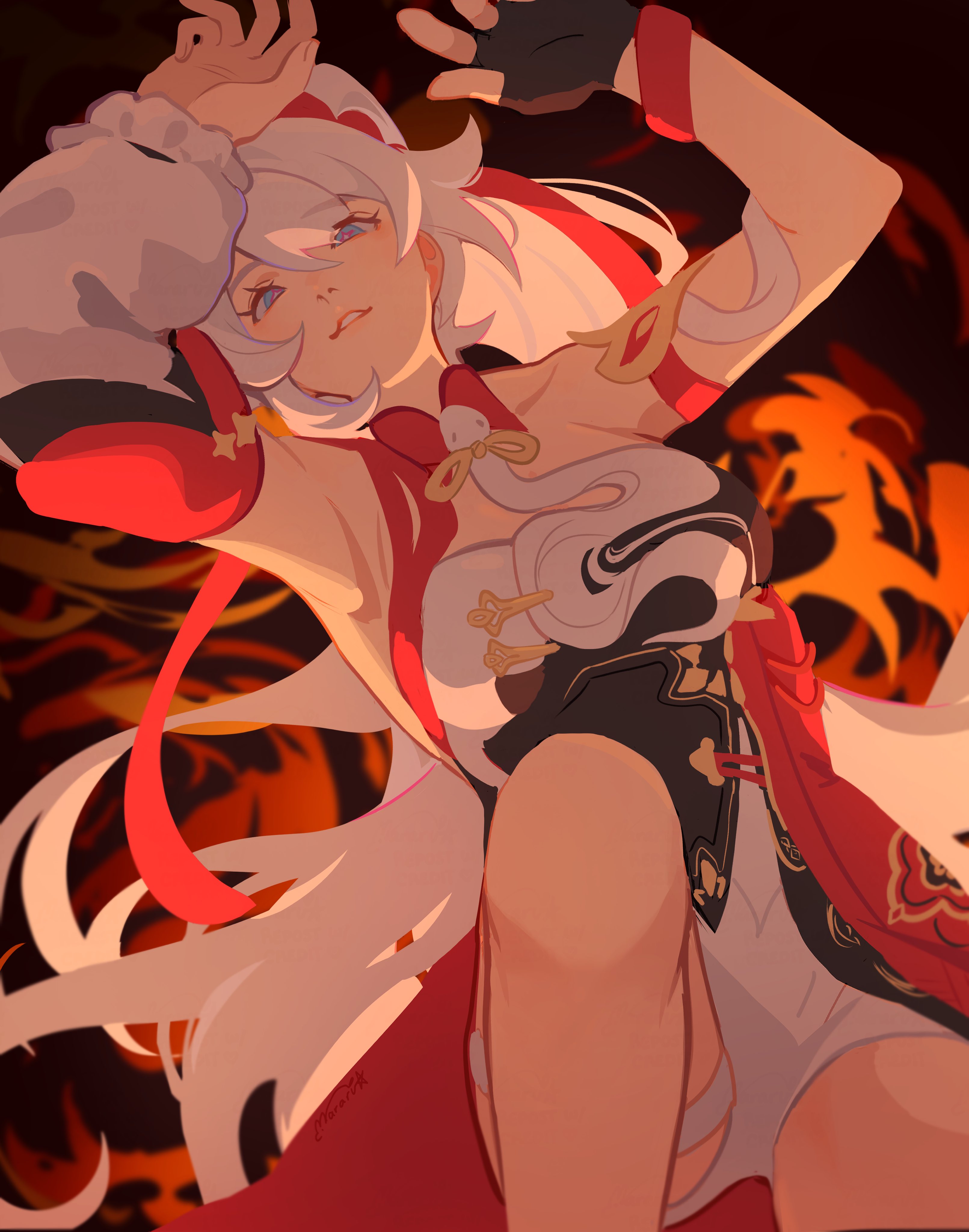 mararu, kiana kaslana, kiana kaslana (ba-dum! fiery wishing star), honkai (series), honkai impact 3rd, absurdres, commentary, english commentary, highres, 1girl, ahoge, blue eyes, breasts, chinese clothes, corset, detached sleeves, diamond-shaped pupils, diamond (shape), dress, fingerless gloves, gloves, hair between eyes, large breasts, long hair, official alternate costume, parted lips, ribbon, snake print, solo, symbol-shaped pupils, very long hair, white dress, white hair