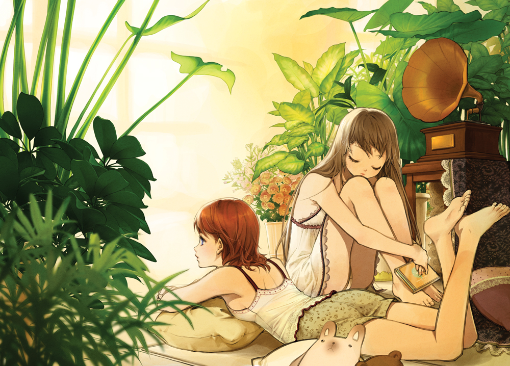 salt (salty), original, 2girls, artistic error, barefoot, blue eyes, brown hair, camisole, feet, flower, lingerie, long hair, multiple girls, phonograph, pillow, plant, short hair, underwear, wrong foot