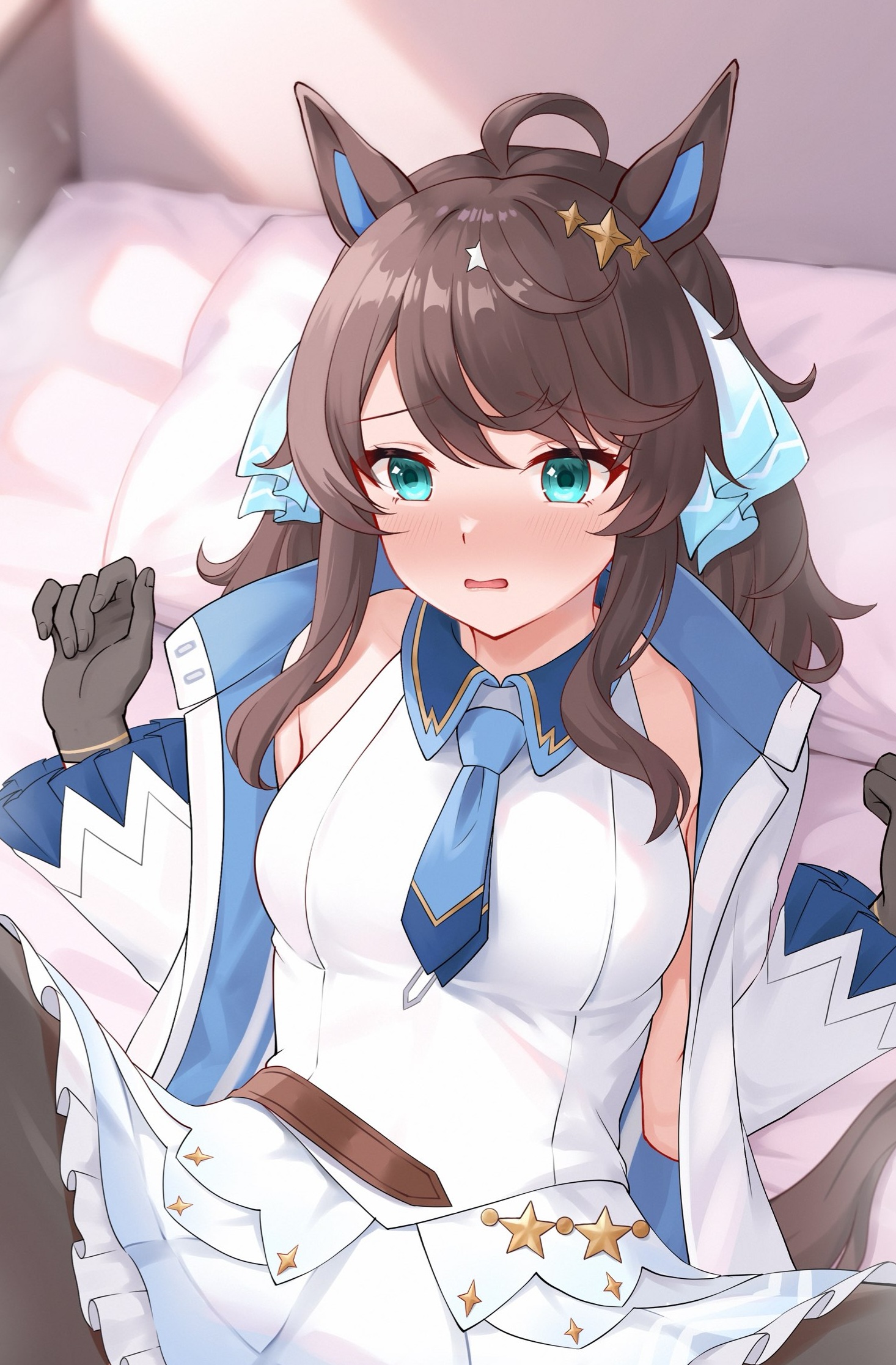 vividrabbit, daring tact (umamusume), umamusume, commentary request, highres, 1girl, ahoge, animal ears, bed, belt, black hair, blue eyes, blush, gloves, hair ornament, horse ears, horse girl, looking at viewer, necktie, outstretched arms, pillow, solo, spread arms, star (symbol), star hair ornament