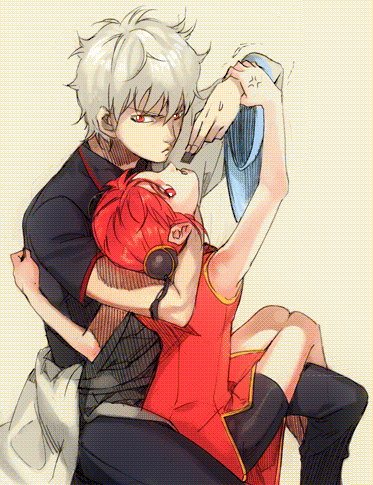 yang (binari), kagura (gintama), sakata gintoki, gintama, lap, silver hair, bad id, bad pixiv id, lowres, 00s, 1boy, 1girl, bike shorts, bun cover, china dress, chinese clothes, double bun, dress, japanese clothes, kimono, red eyes, red hair, seaweed, short hair