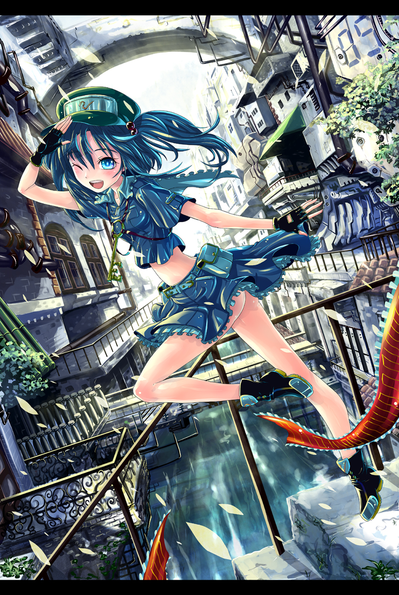 kabutoyama, kawashiro nitori, touhou, highres, 1girl, blue eyes, blue hair, building, female focus, fingerless gloves, gloves, green hat, hat, key, letterboxed, matching hair/eyes, no panties, one eye closed, scenery, short hair, solo, teeth, twintails, two side up, upper teeth only, wink