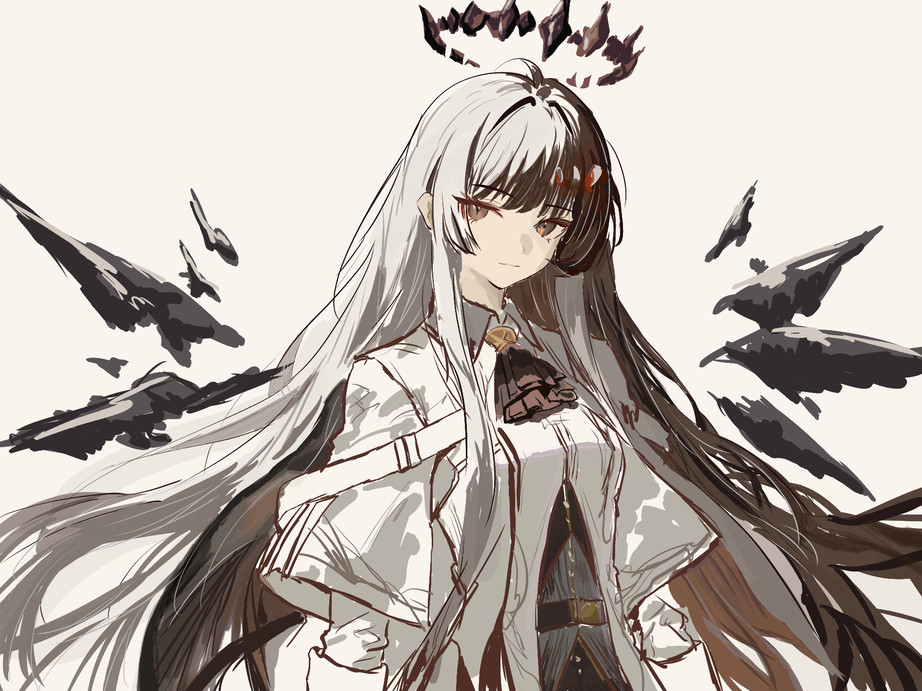 virtuosa (arknights), arknights, chinese commentary, commentary request, highres, 1girl, ampatit, ascot, brown ascot, brown eyes, brown hair, brown halo, closed mouth, collared shirt, dark halo, detached wings, floating hair, grey background, grey shirt, halo, light smile, long hair, long sleeves, looking at viewer, shirt, simple background, sketch, solo, upper body, very long hair, wings