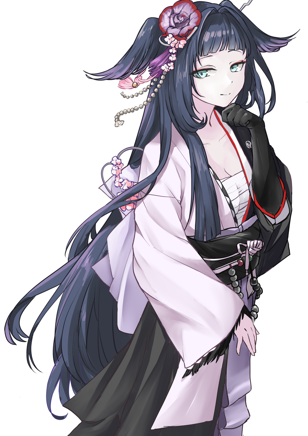 neti (cpu11151), mio (arknights), arknights, chinese commentary, commentary request, highres, partial commentary, 1girl, black hair, black kimono, black sash, breasts, chest sarashi, cleavage, closed mouth, collarbone, cowboy shot, flower, green eyes, hair flower, hair ornament, hand on own chin, japanese clothes, kimono, long hair, long sleeves, looking at viewer, obi, pearl hair ornament, purple flower, red flower, sarashi, sash, simple background, small breasts, smile, solo, standing, very long hair, white background, white kimono