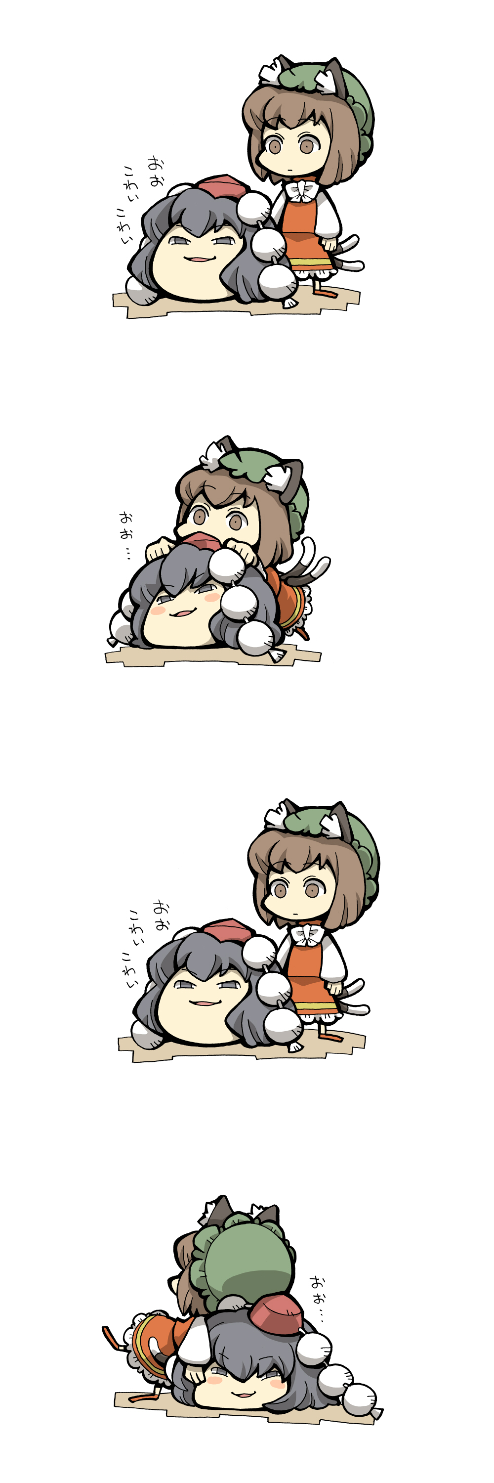 hounori, chen, kimeemaru, shameimaru aya, touhou, absurdres, highres, long image, tall image, translation request, 4koma, animal ears, cat ears, cat girl, comic, female focus, yukkuri shiteitte ne