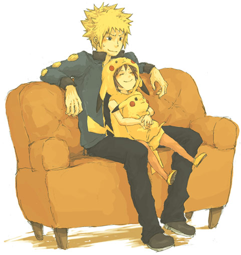 keko (corona), keko (pixiv), pikachu, poke kid (pokemon), volkner (pokemon), nintendo, pokemon, 1boy, 1girl, ^ ^, closed eyes, cosplay, costume, couch, gen 1 pokemon, gym leader, own hands together, shoes, sitting, smile, white background, yellow shoes