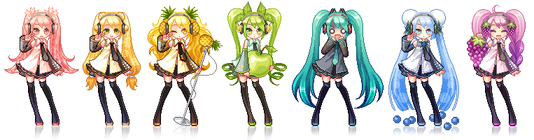 clytze, mao a mi mi, hatsune miku, vocaloid, long image, wide image, 1girl, alternate color, alternate hairstyle, apple, aqua hair, blonde hair, blue hair, blueberry, cherry blossoms, detached sleeves, food, food-themed clothes, fruit, grapes, green hair, headset, holding, holding food, holding fruit, long hair, orange (fruit), orange hair, pineapple, pink hair, pixel art, purple hair, rainbow order, thighhighs, twintails, v