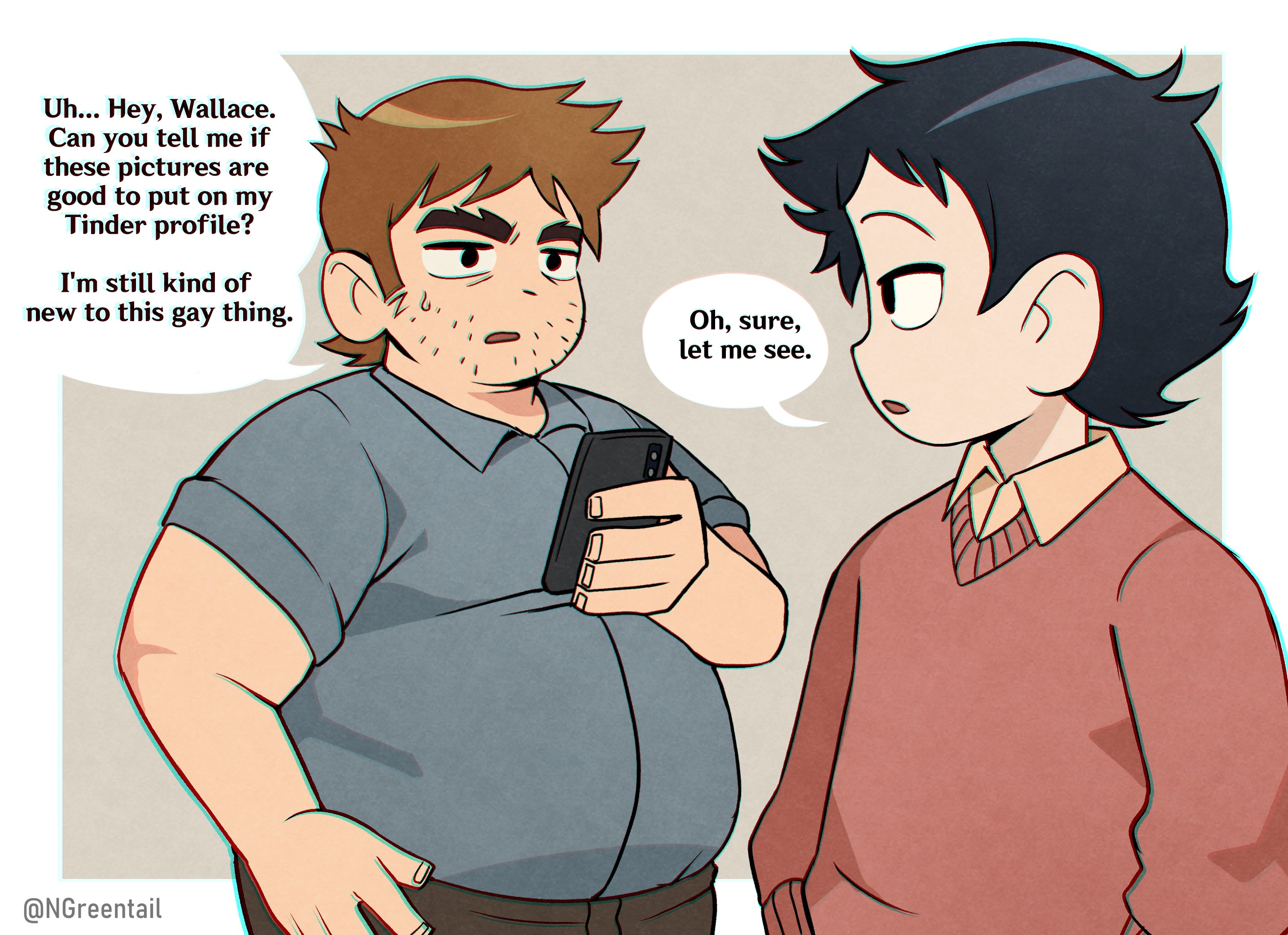 nifast (greentail), stephen stills, wallace wells, scott pilgrim (series), scott pilgrim takes off, tinder, highres, 2boys, alternate body size, bara, big belly, brown hair, cowboy shot, english text, facial hair, fat, fat man, forked eyebrows, male focus, medium sideburns, multiple boys, short hair, sideburns stubble, sparse stubble, speech bubble, standing, stubble, thick eyebrows