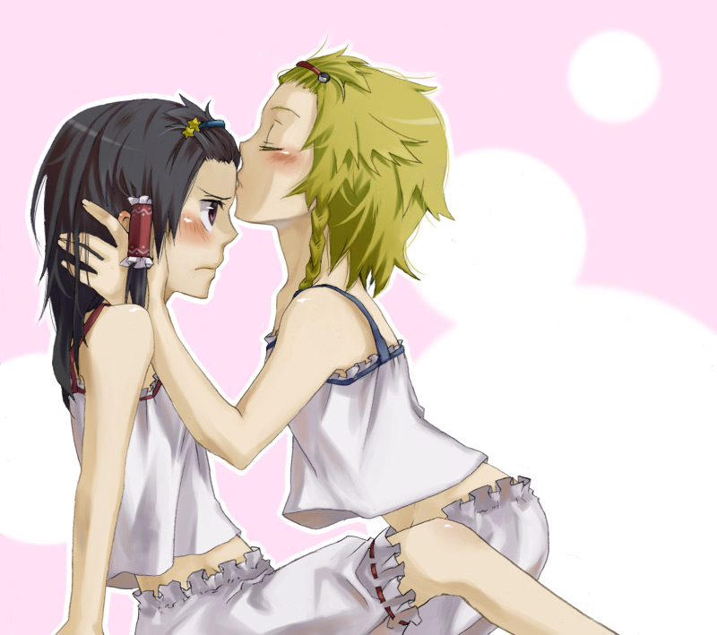 kuroda (artist), kuroda (nanchara flight), hakurei reimu, kirisame marisa, touhou, bad id, bad pixiv id, 2girls, alternate hairstyle, black hair, blonde hair, bloomers, blush, braid, closed eyes, female focus, frown, hair up, hairband, kiss, kissing forehead, multiple girls, pajamas, red eyes, single braid, underwear, yuri