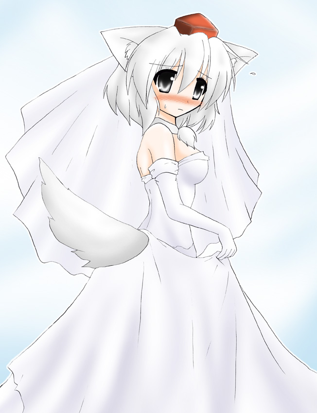 ryutotoranoikkiuchi, inubashiri momiji, touhou, silver hair, bad id, bad pixiv id, 1girl, animal ears, bare shoulders, blush, breasts, bride, dress, elbow gloves, female focus, gloves, gradient background, grey eyes, hat, solo, tail, tokin hat, wedding dress, wolf ears, wolf tail